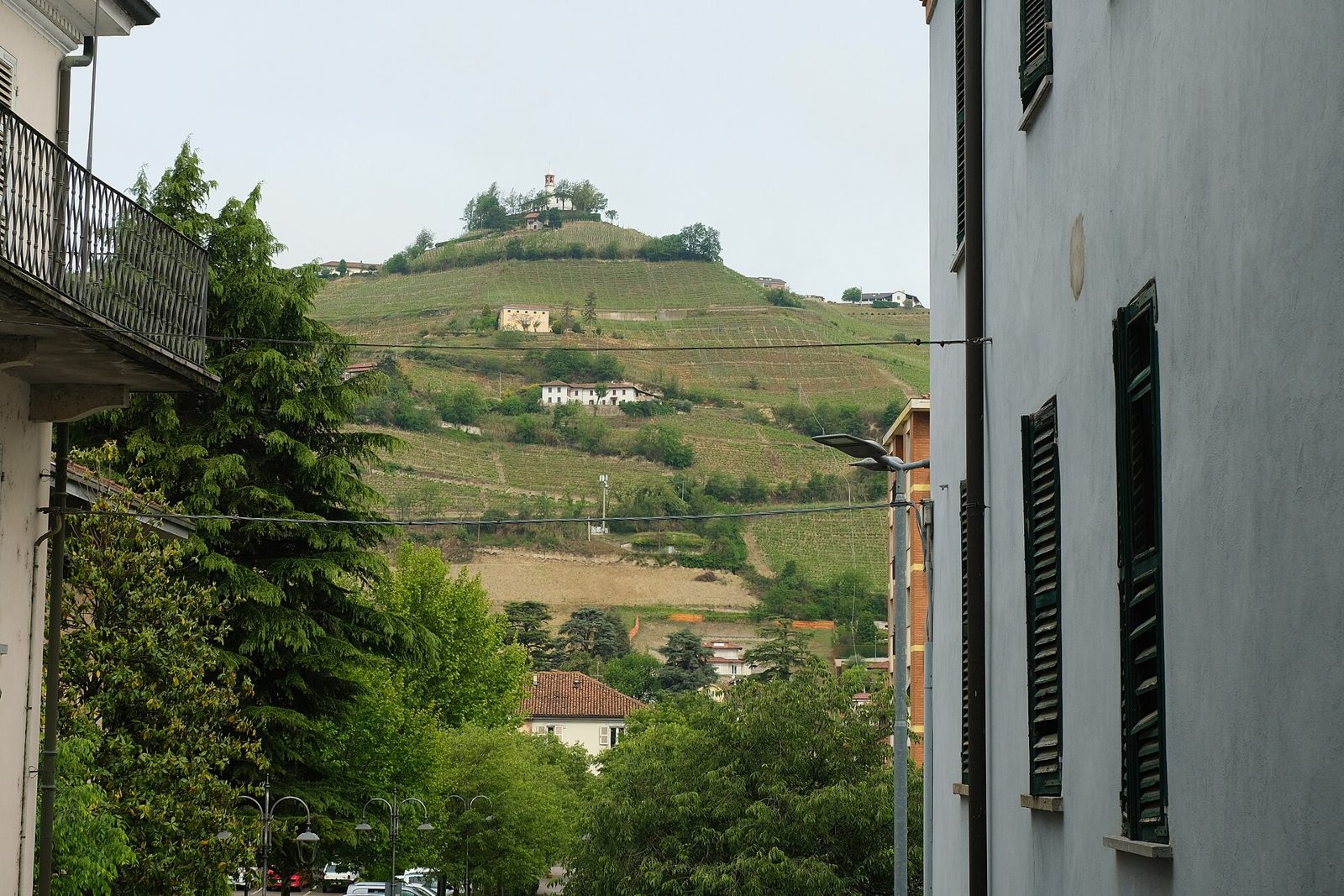 La collina di Moncucco a Santo Stefano Belbo, coperta di vigneti, con il santuario della Madonna della Neve sulla cima